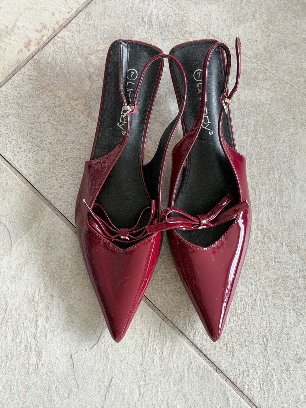 Lily Wine Red Patent Pointed-Toe Slingback Flats with Bow